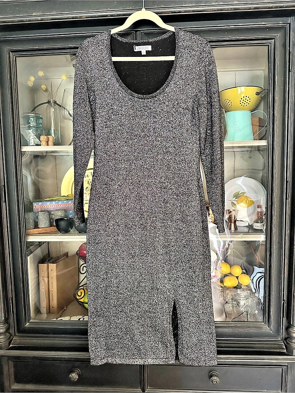Jennifer Lopez Sparkle Maxi Dress in Black & Silver Size Large Like New